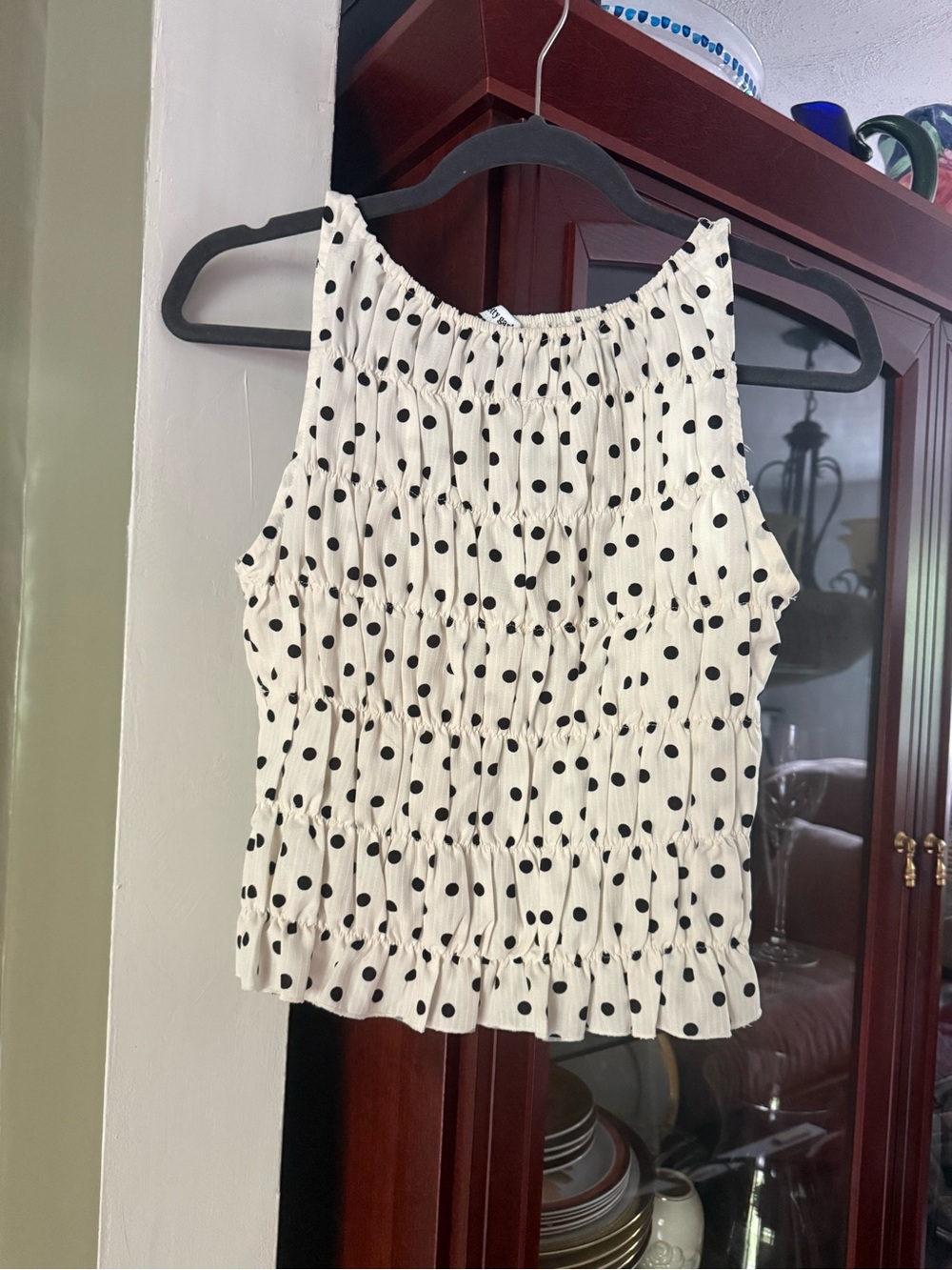 Smocked Polka Dot Sleeveless Top - White with Black Dots